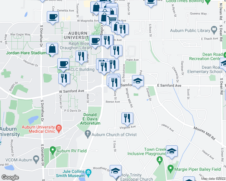 map of restaurants, bars, coffee shops, grocery stores, and more near 414 South Gay Street in Auburn