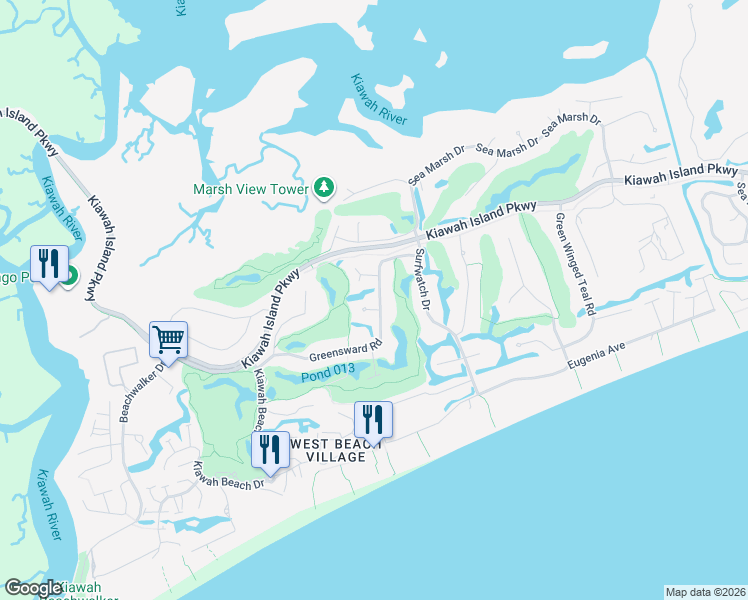 map of restaurants, bars, coffee shops, grocery stores, and more near 38 Painted Bunting Lane in Johns Island