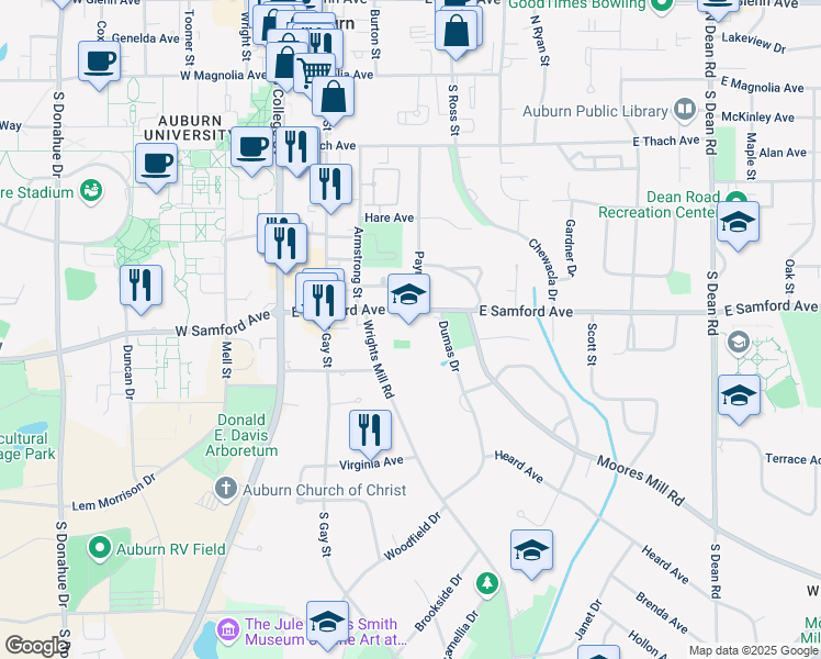 map of restaurants, bars, coffee shops, grocery stores, and more near 332 East Samford Avenue in Auburn