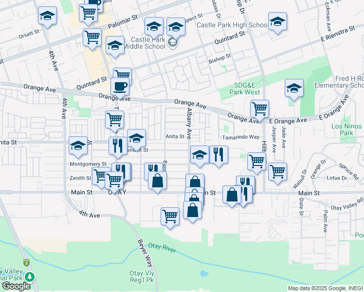 map of restaurants, bars, coffee shops, grocery stores, and more near 164 Tremont Street in Chula Vista