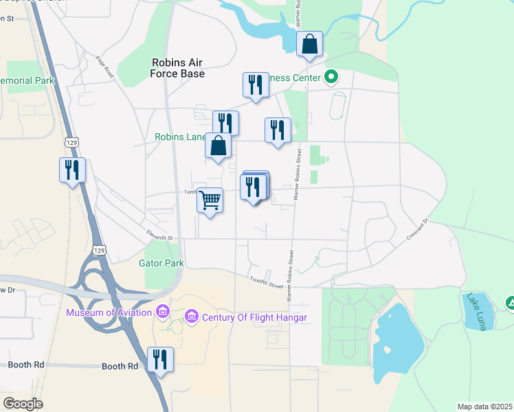 map of restaurants, bars, coffee shops, grocery stores, and more near 982 Macon Street in Robins Air Force Base