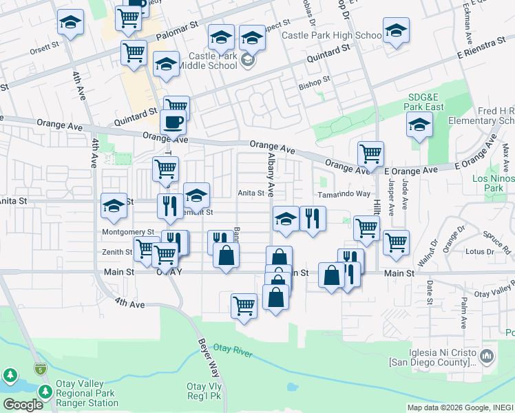 map of restaurants, bars, coffee shops, grocery stores, and more near 1613 Albany Avenue in Chula Vista