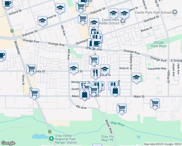 map of restaurants, bars, coffee shops, grocery stores, and more near 296 Tremont Street in Chula Vista