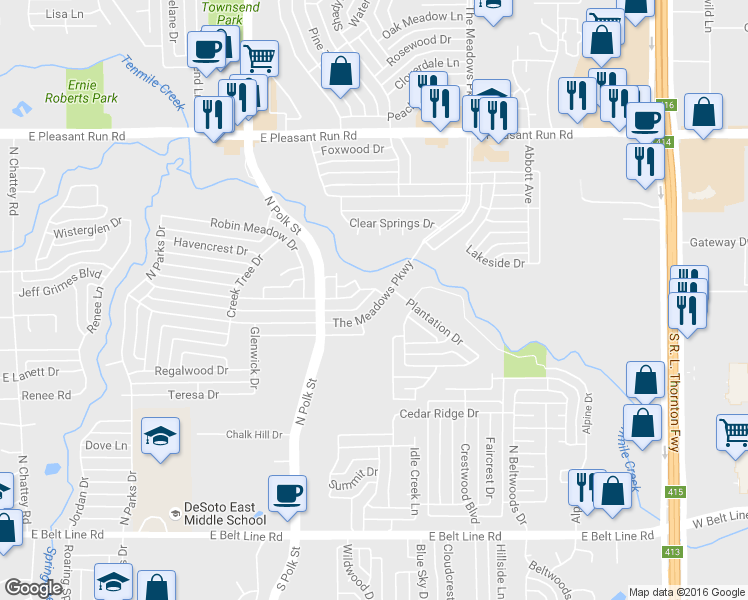 map of restaurants, bars, coffee shops, grocery stores, and more near 633 The Meadows Parkway in DeSoto