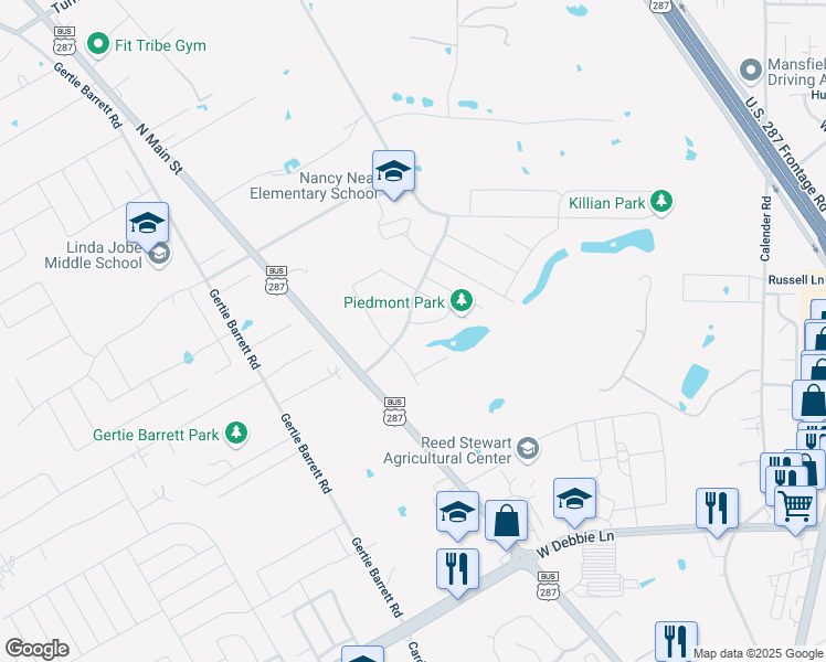 map of restaurants, bars, coffee shops, grocery stores, and more near 2414 Wood River Parkway in Mansfield