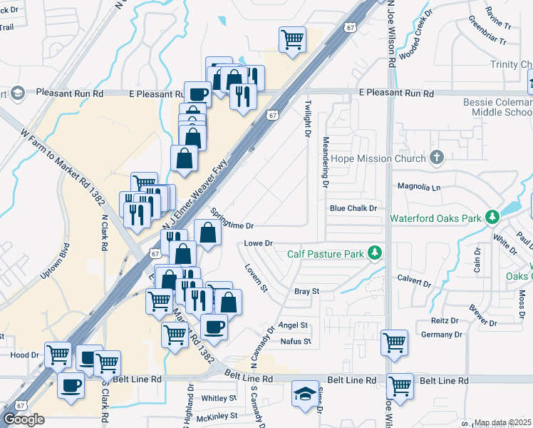 map of restaurants, bars, coffee shops, grocery stores, and more near 714 Dogwood Drive in Cedar Hill