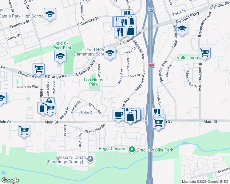 map of restaurants, bars, coffee shops, grocery stores, and more near 1640 Maple Drive in Chula Vista