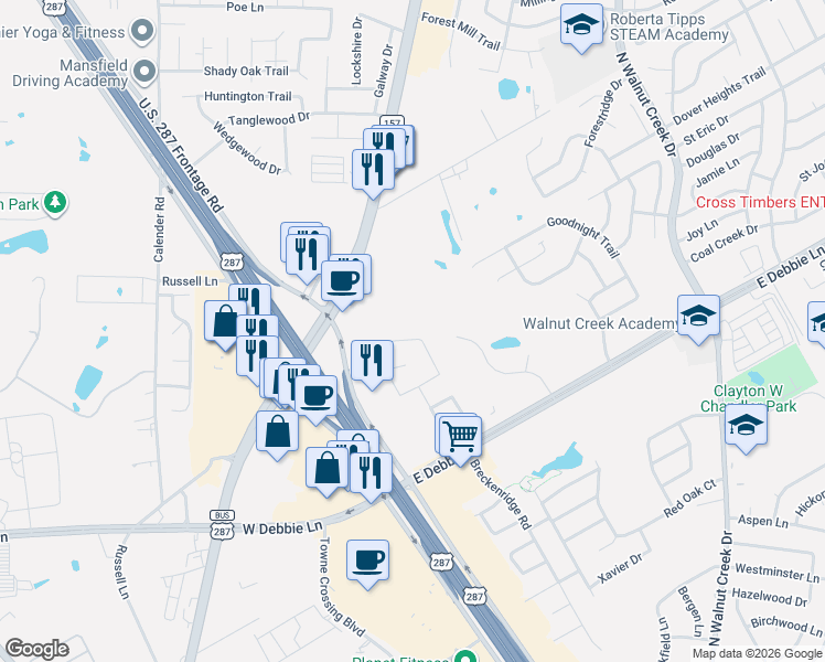 map of restaurants, bars, coffee shops, grocery stores, and more near 2306 Forest Park Circle in Mansfield