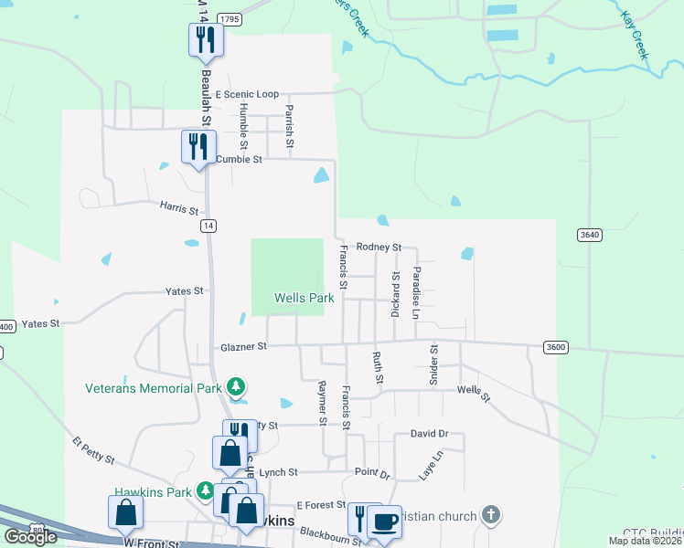map of restaurants, bars, coffee shops, grocery stores, and more near 669 Francis Street in Hawkins