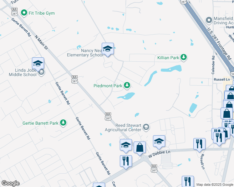 map of restaurants, bars, coffee shops, grocery stores, and more near 2500 Sedona Street in Mansfield