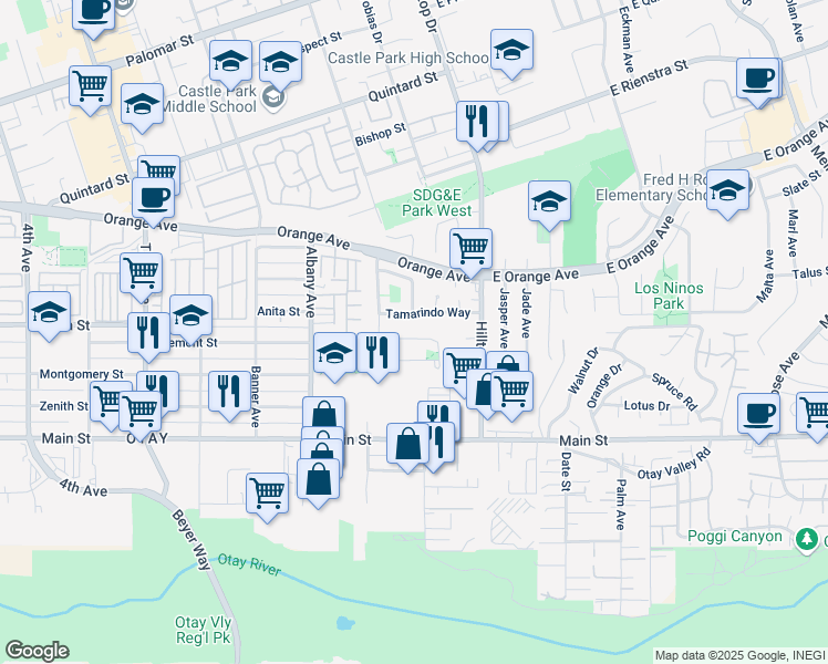 map of restaurants, bars, coffee shops, grocery stores, and more near 74 Connoley Circle in Chula Vista