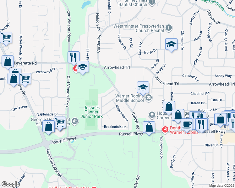 map of restaurants, bars, coffee shops, grocery stores, and more near 1104 Corder Road in Warner Robins