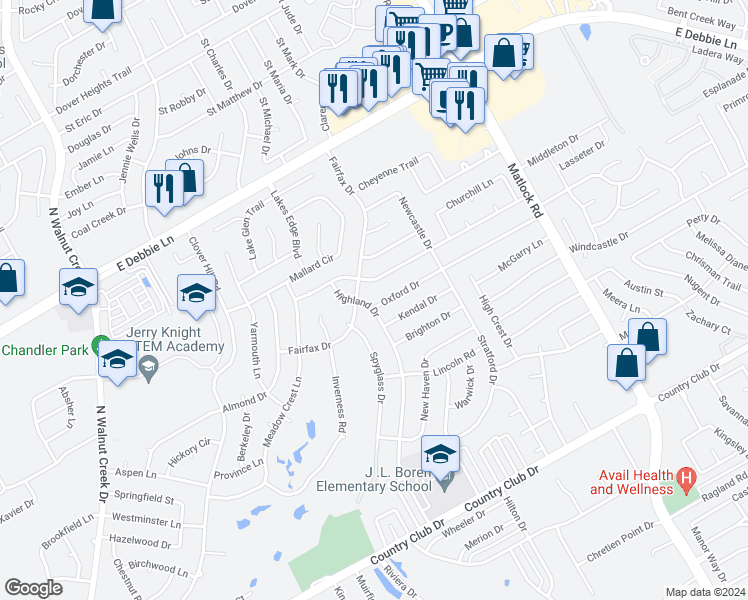 map of restaurants, bars, coffee shops, grocery stores, and more near 1424 Highland Drive in Mansfield