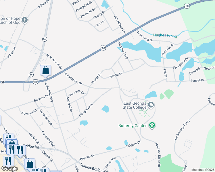 map of restaurants, bars, coffee shops, grocery stores, and more near 231 South Anderson Drive in Swainsboro