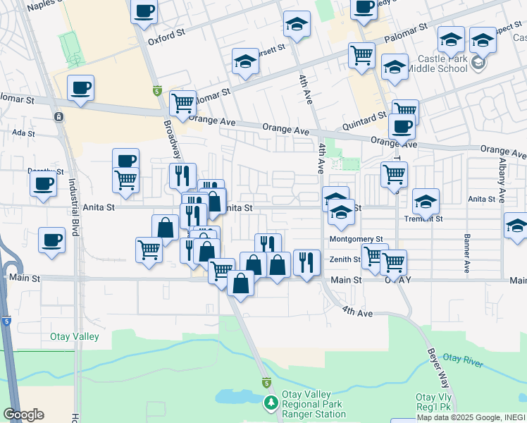 map of restaurants, bars, coffee shops, grocery stores, and more near in Chula Vista
