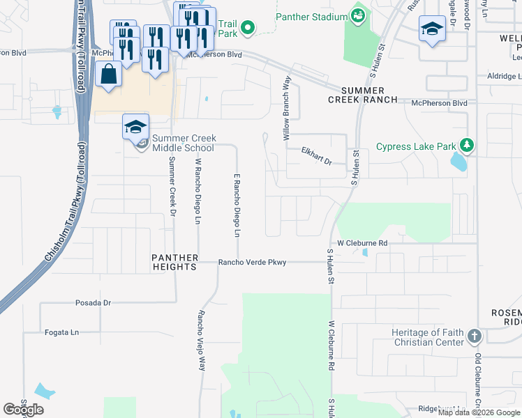 map of restaurants, bars, coffee shops, grocery stores, and more near 10253 East Rancho Diego Lane in Crowley