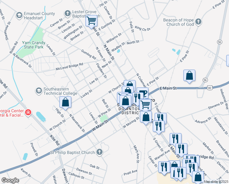 map of restaurants, bars, coffee shops, grocery stores, and more near 217 North Central Street in Swainsboro