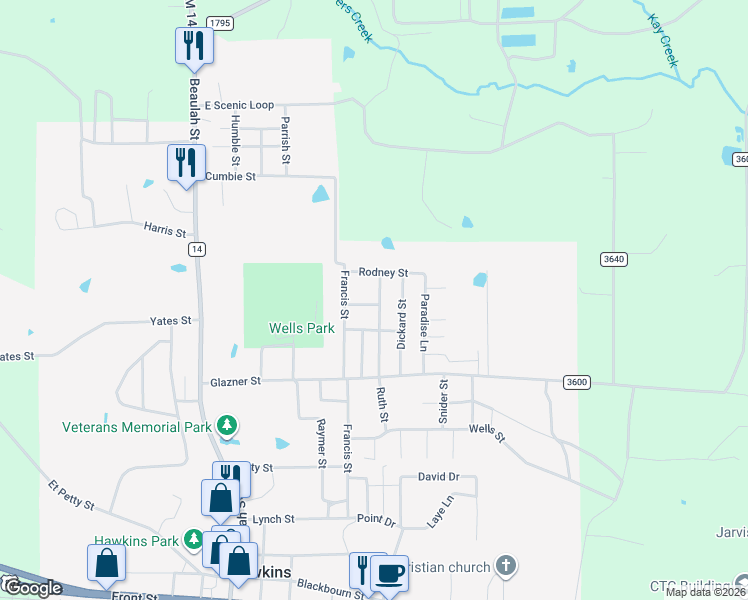 map of restaurants, bars, coffee shops, grocery stores, and more near 409 Ruth Lane in Hawkins
