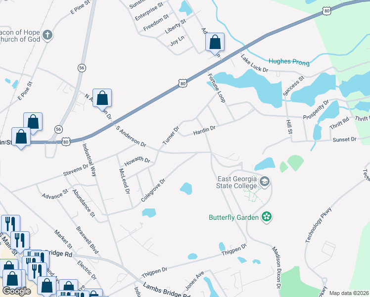 map of restaurants, bars, coffee shops, grocery stores, and more near 231 South Anderson Drive in Swainsboro