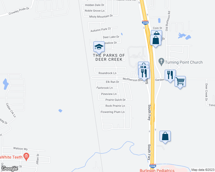 map of restaurants, bars, coffee shops, grocery stores, and more near 432 Fairbrook Lane in Fort Worth