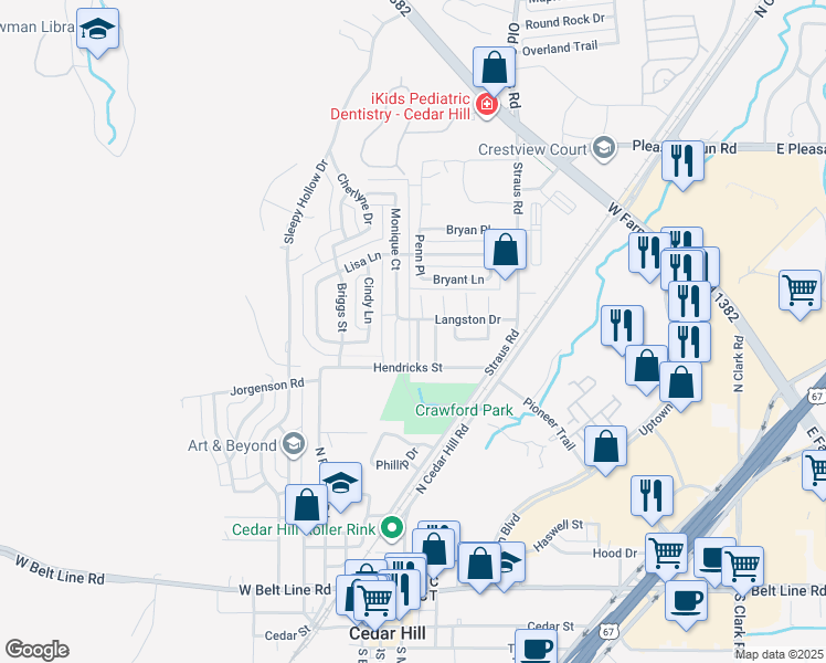 map of restaurants, bars, coffee shops, grocery stores, and more near 719 Hillcrest Court in Cedar Hill