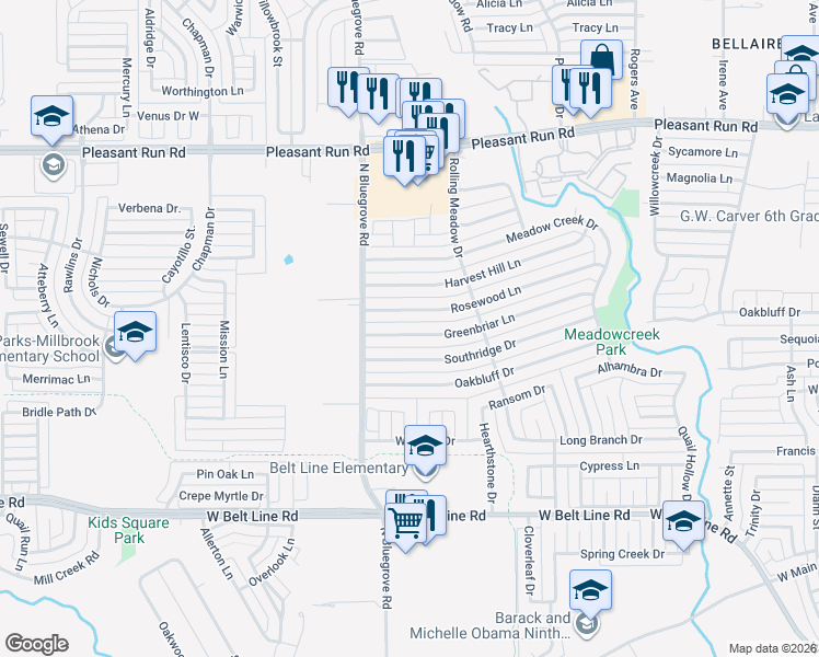 map of restaurants, bars, coffee shops, grocery stores, and more near 1342 Greenbriar Lane in Lancaster