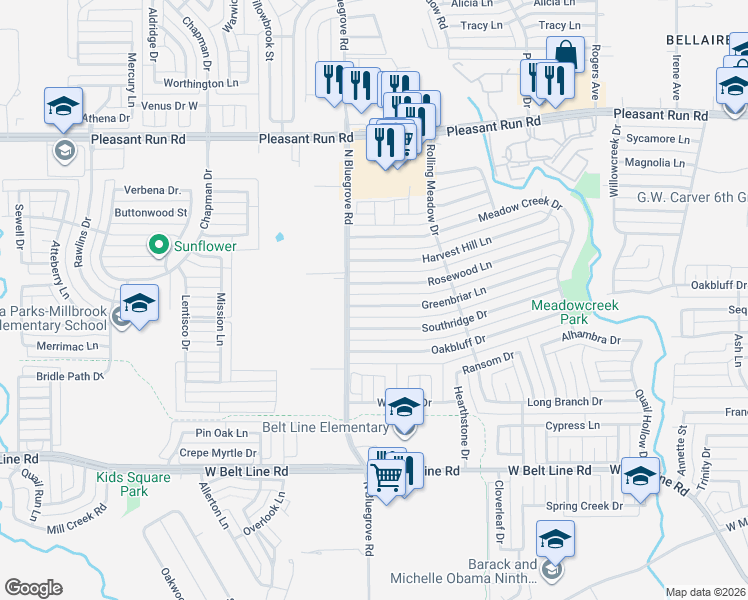 map of restaurants, bars, coffee shops, grocery stores, and more near 1370 Greenbriar Lane in Lancaster