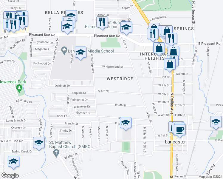 map of restaurants, bars, coffee shops, grocery stores, and more near 577 West 6th Street in Lancaster
