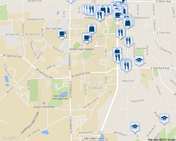 map of restaurants, bars, coffee shops, grocery stores, and more near 350 West Samford Avenue in Auburn