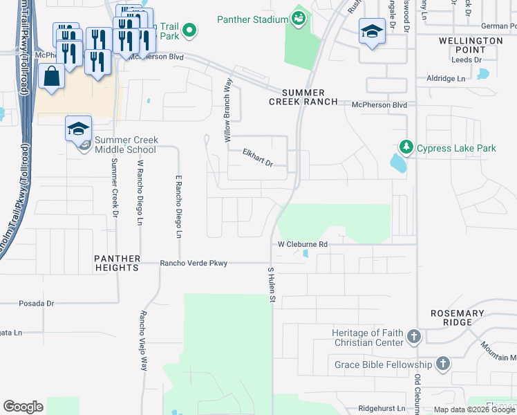 map of restaurants, bars, coffee shops, grocery stores, and more near 10124 South Hulen Street in Crowley