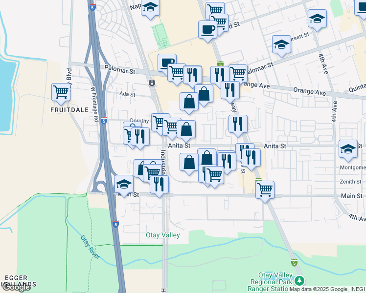 map of restaurants, bars, coffee shops, grocery stores, and more near 681 Anita Street in Chula Vista