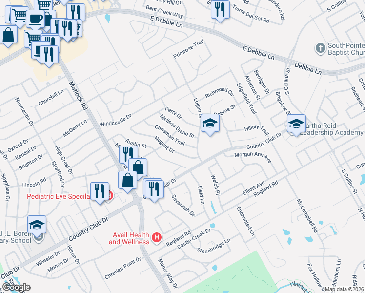 map of restaurants, bars, coffee shops, grocery stores, and more near 2110 Nugent Drive in Mansfield