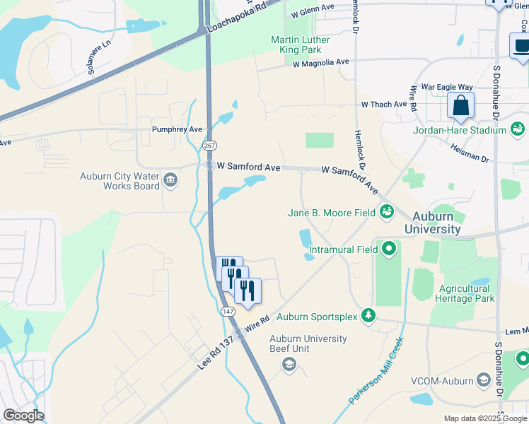 map of restaurants, bars, coffee shops, grocery stores, and more near 1161 West Samford Avenue in Auburn
