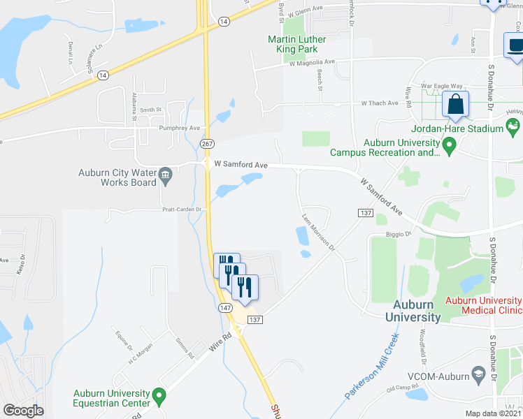 map of restaurants, bars, coffee shops, grocery stores, and more near 1161 West Samford Avenue in Auburn