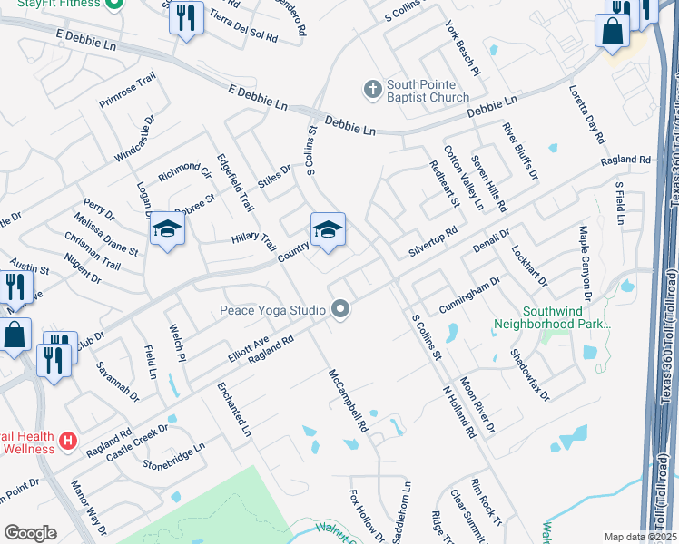 map of restaurants, bars, coffee shops, grocery stores, and more near 8401 Penny Belle Lane in Arlington