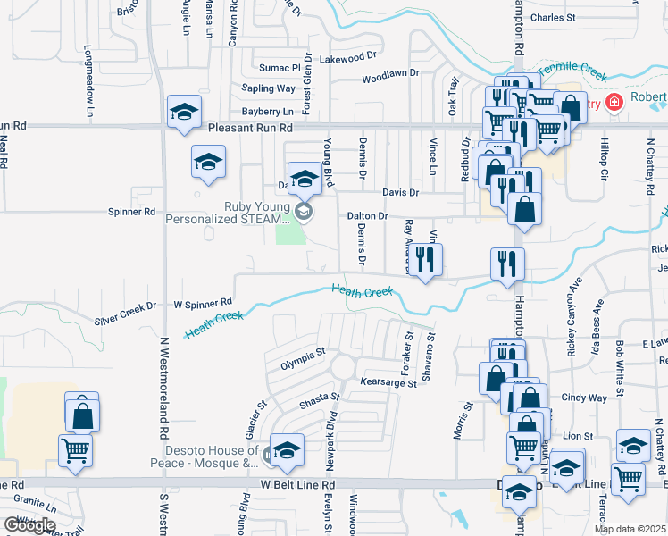 map of restaurants, bars, coffee shops, grocery stores, and more near 601 Young Boulevard in DeSoto