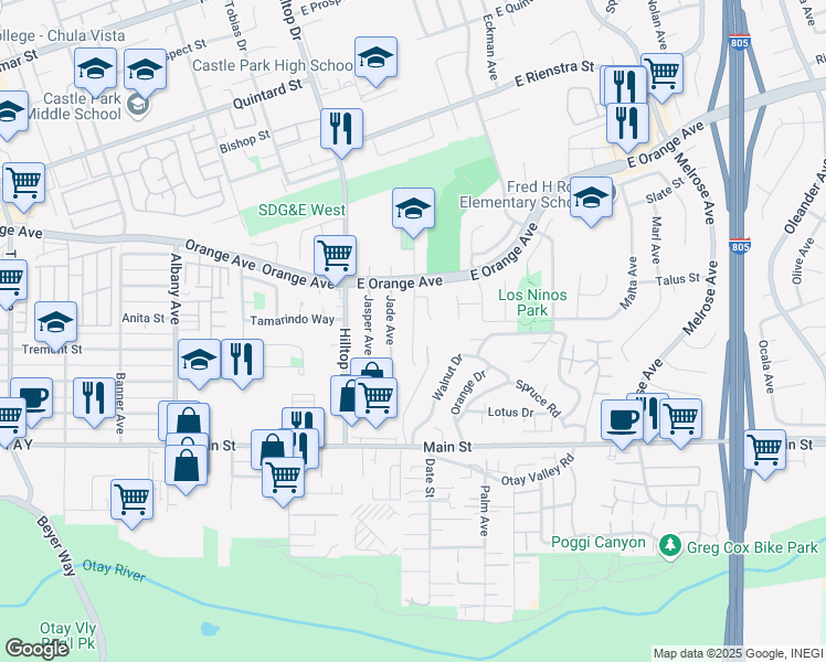 map of restaurants, bars, coffee shops, grocery stores, and more near 1605 Jade Avenue in Chula Vista