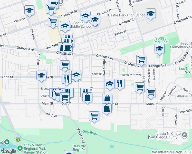 map of restaurants, bars, coffee shops, grocery stores, and more near 184 Tremont Street in Chula Vista
