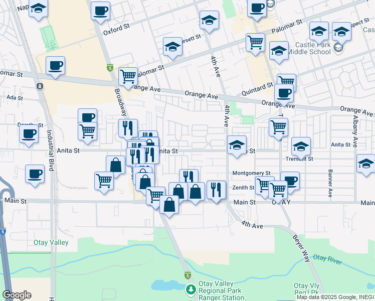map of restaurants, bars, coffee shops, grocery stores, and more near 469 Anna Linda Court in Chula Vista