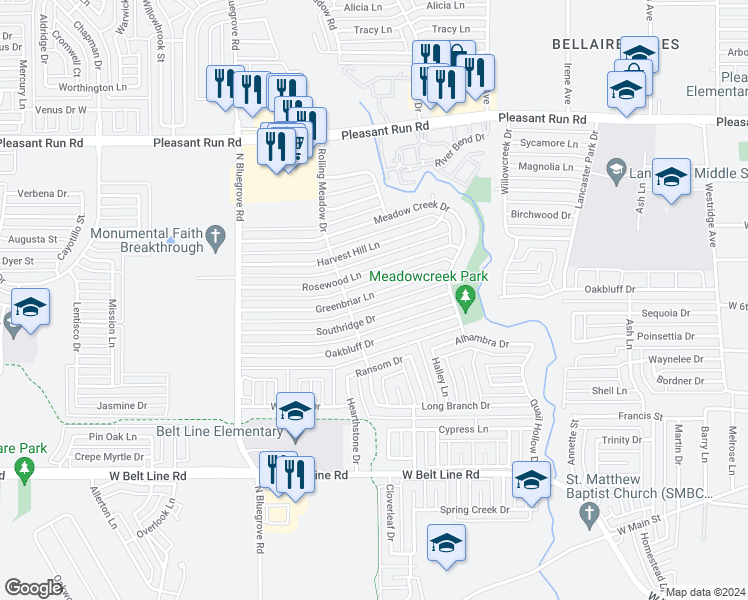 map of restaurants, bars, coffee shops, grocery stores, and more near 1218 Greenbriar Lane in Lancaster