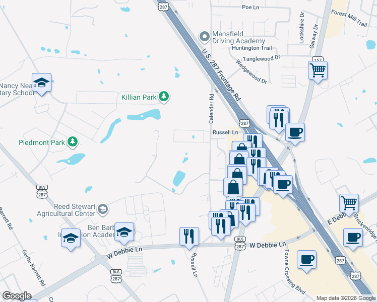 map of restaurants, bars, coffee shops, grocery stores, and more near 1963 Calender Road in Mansfield