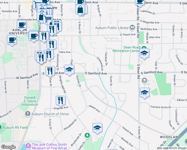 map of restaurants, bars, coffee shops, grocery stores, and more near 515 Godfrey Lane in Auburn