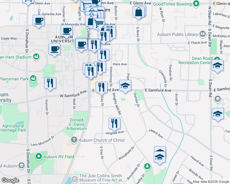 map of restaurants, bars, coffee shops, grocery stores, and more near 409 Wrights Mill Road in Auburn