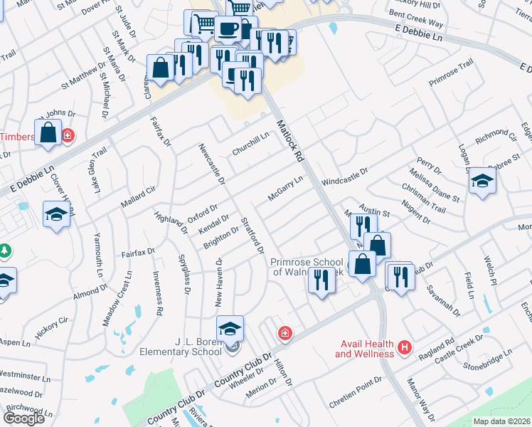 map of restaurants, bars, coffee shops, grocery stores, and more near 1407 High Crest Drive in Mansfield