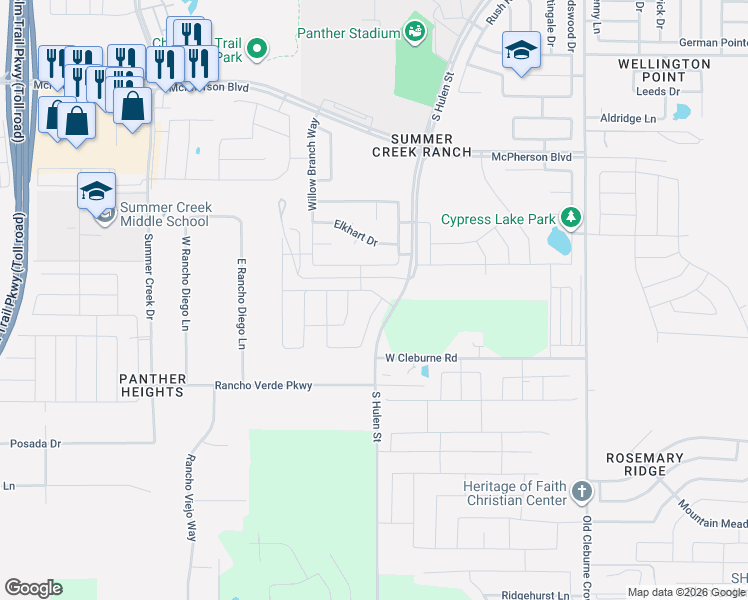 map of restaurants, bars, coffee shops, grocery stores, and more near 6 Boxelder Drive in Crowley