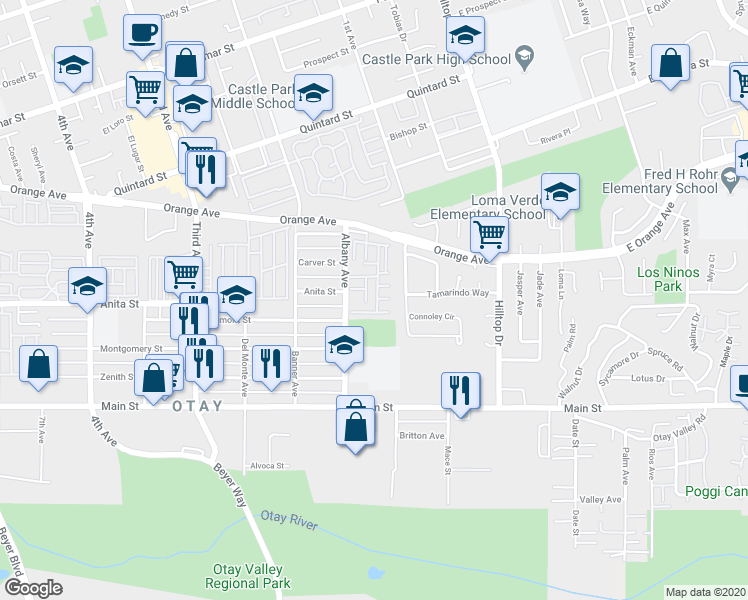 map of restaurants, bars, coffee shops, grocery stores, and more near 1611 Albany Avenue in Chula Vista