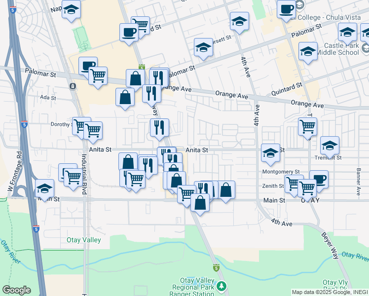 map of restaurants, bars, coffee shops, grocery stores, and more near 523 Anita Street in Chula Vista