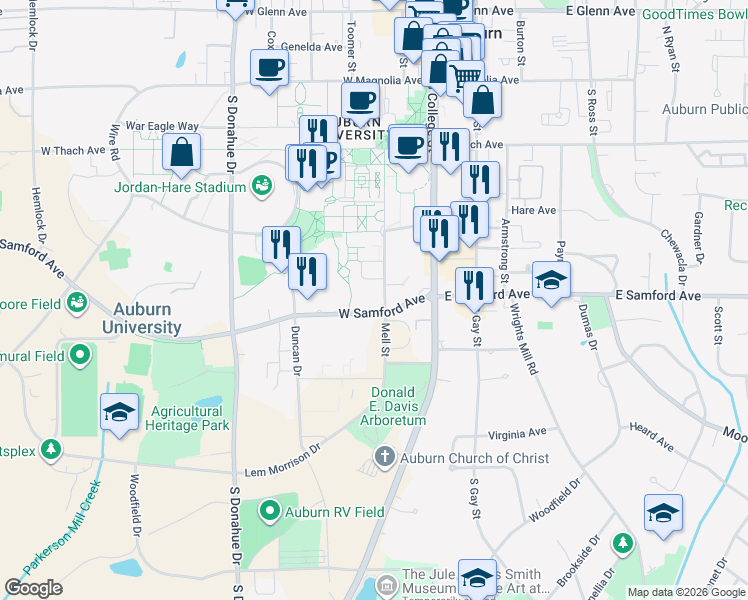 map of restaurants, bars, coffee shops, grocery stores, and more near 382 Mell Street in Auburn