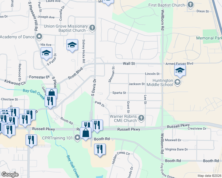 map of restaurants, bars, coffee shops, grocery stores, and more near 204 Sherman Street in Warner Robins
