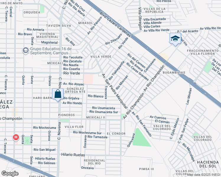 map of restaurants, bars, coffee shops, grocery stores, and more near Rio San Pedro Mezquital in Mexicali